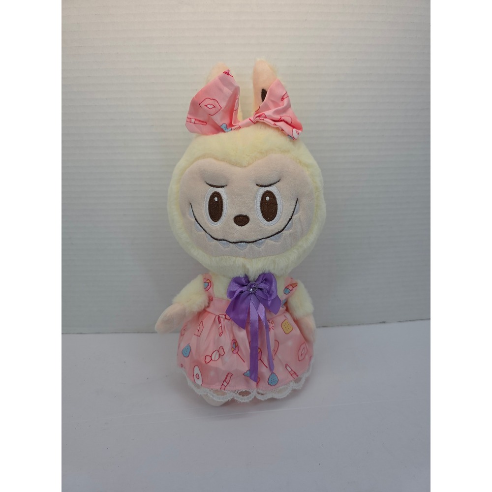Plush Labubu Kawaii Cream Bunny Rabbit in Pink‎ Sweets Dress with Purple Bow 12"